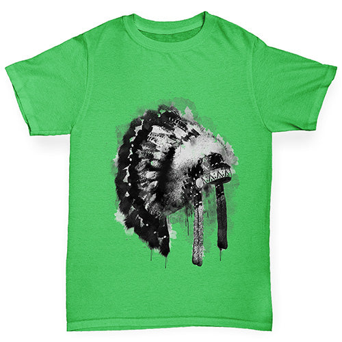 Boys funny tee shirts Native American Headdress Boy's T-Shirt Age 9-11 Green