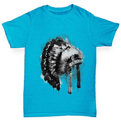 Girls Funny Tshirts Native American Headdress Girl's T-Shirt Age 5-6 Azure Blue