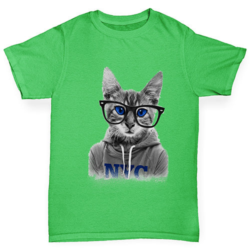 Boys Funny Tshirts Nerdy Cat NYC Boy's T-Shirt Age 12-14 Green