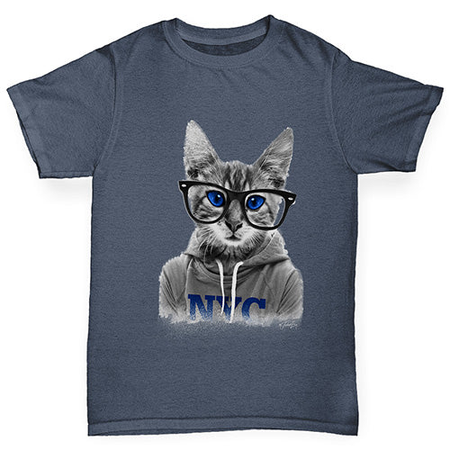 Boys funny tee shirts Nerdy Cat NYC Boy's T-Shirt Age 12-14 Dark Grey