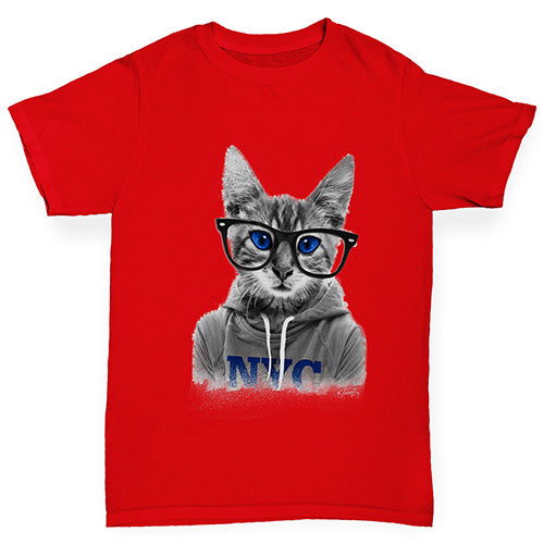 Boys Funny T Shirt Nerdy Cat NYC Boy's T-Shirt Age 5-6 Red