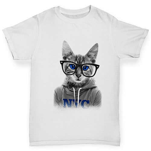 Novelty Tees For Boys Nerdy Cat NYC Boy's T-Shirt Age 3-4 White