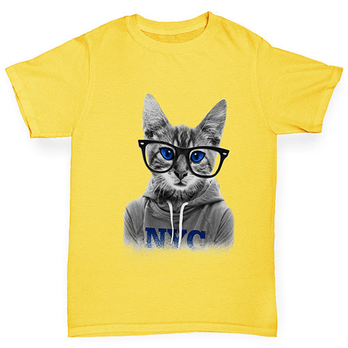 Boys Funny T Shirt Nerdy Cat NYC Boy's T-Shirt Age 7-8 Yellow