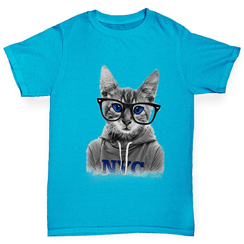 Girls Funny T Shirt Nerdy Cat NYC Girl's T-Shirt Age 9-11 Azure Blue