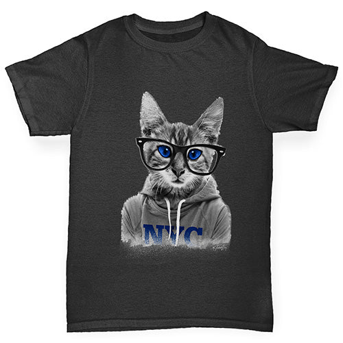 Kids Funny Tshirts Nerdy Cat NYC Girl's T-Shirt Age 3-4 Black
