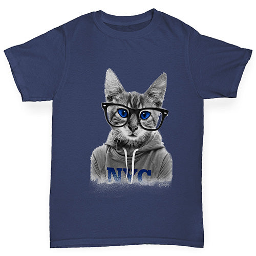 Kids Funny Tshirts Nerdy Cat NYC Girl's T-Shirt Age 7-8 Navy