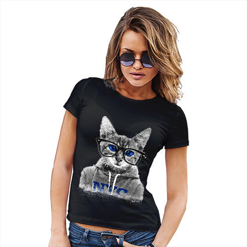 Funny Shirts For Women Nerdy Cat NYC Women's T-Shirt Medium Black