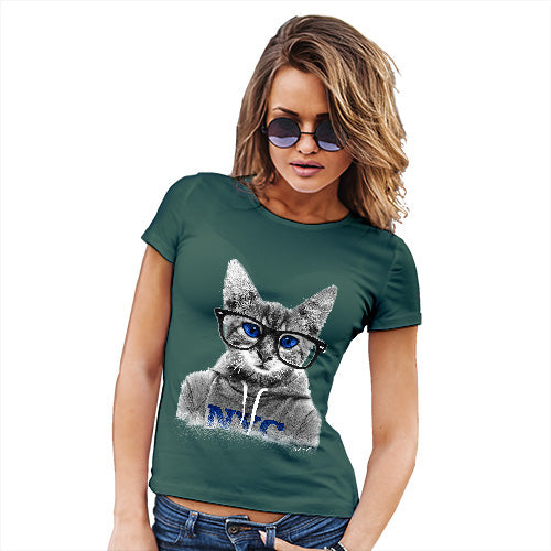 Funny T-Shirts For Women Nerdy Cat NYC Women's T-Shirt Small Bottle Green