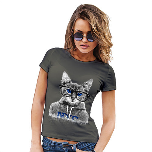 Funny T Shirts For Mum Nerdy Cat NYC Women's T-Shirt X-Large Khaki