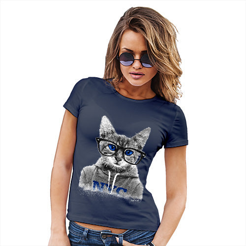 Funny Tshirts For Women Nerdy Cat NYC Women's T-Shirt Small Navy
