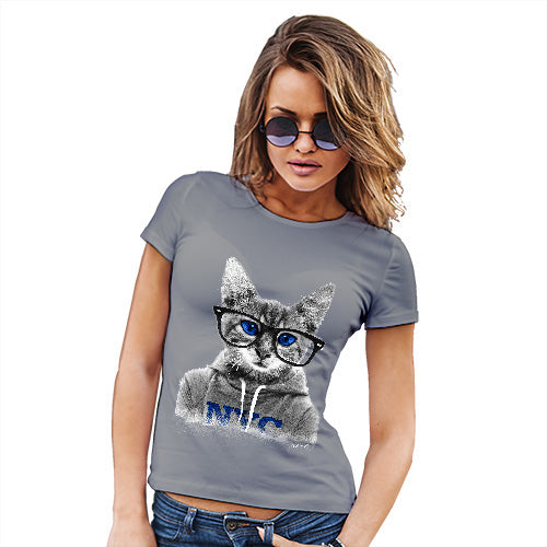 Funny Tee Shirts For Women Nerdy Cat NYC Women's T-Shirt Small Light Grey