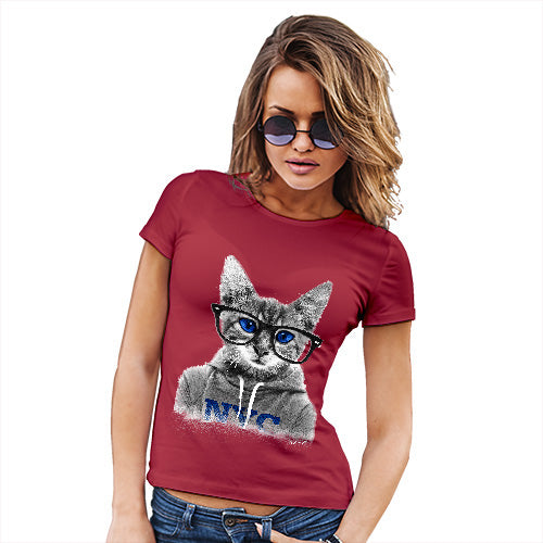 Funny T Shirts For Women Nerdy Cat NYC Women's T-Shirt X-Large Red