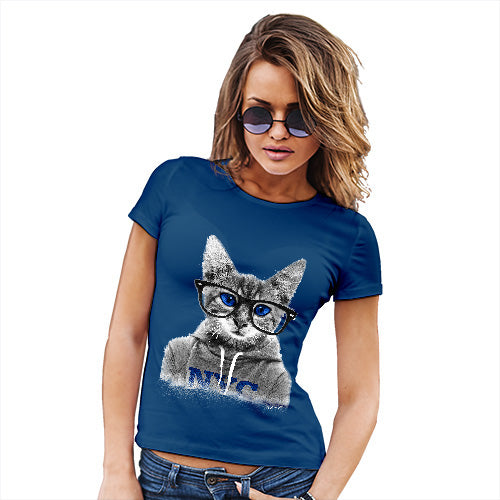 Womens Novelty T Shirt Nerdy Cat NYC Women's T-Shirt X-Large Royal Blue