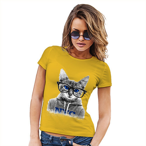 Womens Humor Novelty Graphic Funny T Shirt Nerdy Cat NYC Women's T-Shirt Medium Yellow