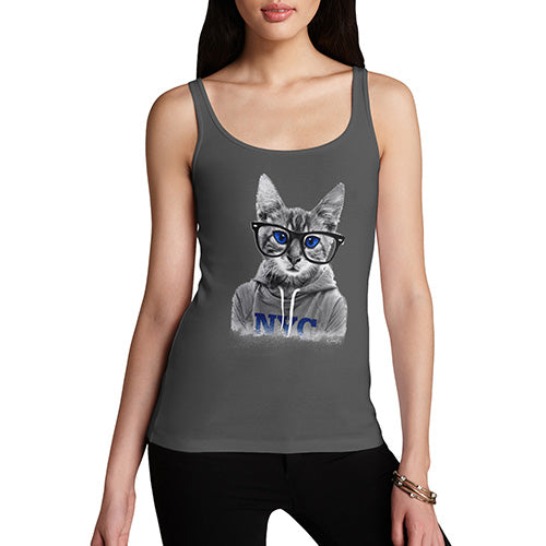 Women Funny Sarcasm Tank Top Nerdy Cat NYC Women's Tank Top Large Dark Grey