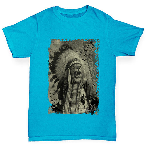 Novelty Tees For Boys Native American Lion Boy's T-Shirt Age 12-14 Azure Blue