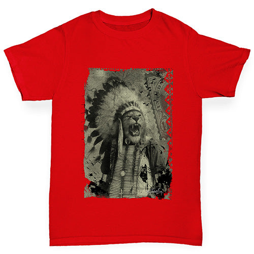 Kids Funny Tshirts Native American Lion Girl's T-Shirt Age 7-8 Red