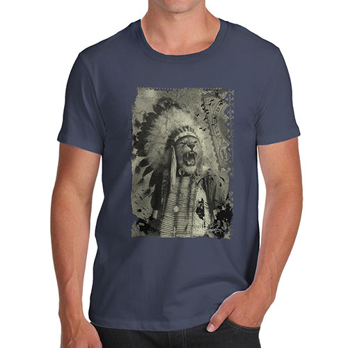 Novelty Tshirts Men Funny Native American Lion Men's T-Shirt Large Navy