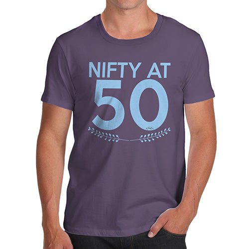 Mens T-Shirt Funny Geek Nerd Hilarious Joke Nifty At Fifty Men's T-Shirt X-Large Plum