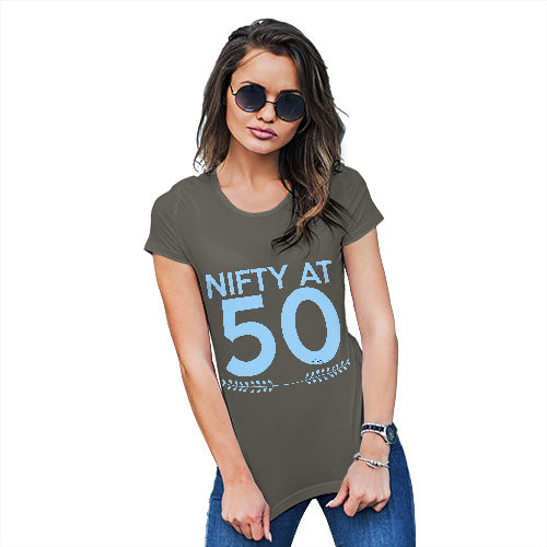 Funny Shirts For Women Nifty At Fifty Women's T-Shirt Medium Khaki