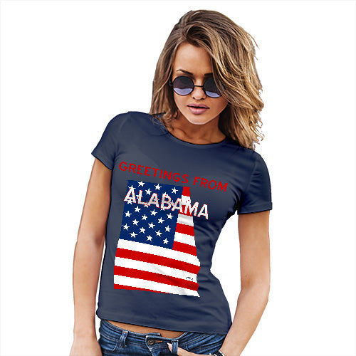 Funny T Shirts For Mom Greetings From Alabama USA Flag Women's T-Shirt X-Large Navy