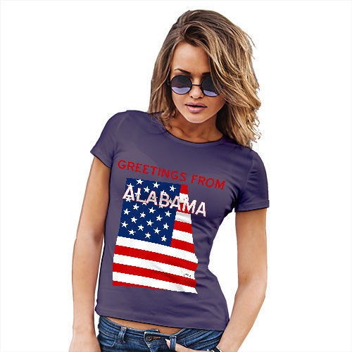Novelty Tshirts Women Greetings From Alabama USA Flag Women's T-Shirt Small Plum