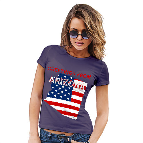 Novelty Tshirts Women Greetings From Arizona USA Flag Women's T-Shirt Large Plum