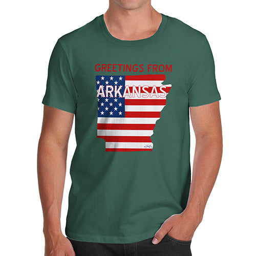 Mens Novelty T Shirt Christmas Greetings From Arkansas USA Flag Men's T-Shirt Large Bottle Green