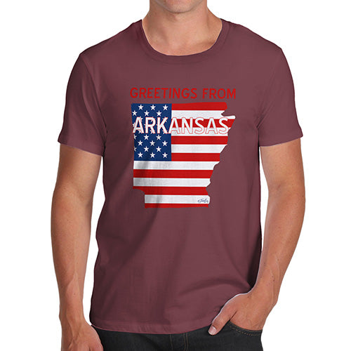Funny Tee Shirts For Men Greetings From Arkansas USA Flag Men's T-Shirt Large Burgundy