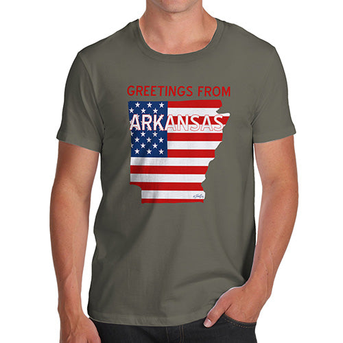 Funny Tee Shirts For Men Greetings From Arkansas USA Flag Men's T-Shirt X-Large Khaki