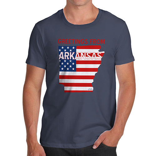 Funny T Shirts For Men Greetings From Arkansas USA Flag Men's T-Shirt Large Navy