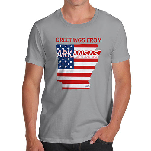 Novelty Tshirts Men Funny Greetings From Arkansas USA Flag Men's T-Shirt Medium Light Grey