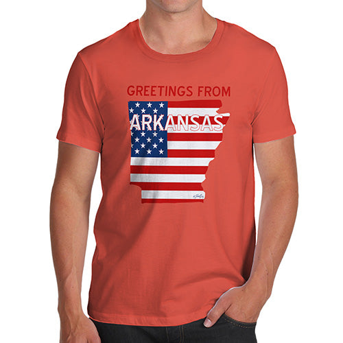 Funny T Shirts For Dad Greetings From Arkansas USA Flag Men's T-Shirt Large Orange