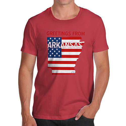 Funny T-Shirts For Men Greetings From Arkansas USA Flag Men's T-Shirt Large Red