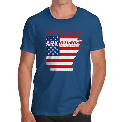 Funny Tshirts For Men Greetings From Arkansas USA Flag Men's T-Shirt Medium Royal Blue