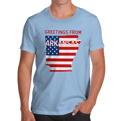 Funny Mens Tshirts Greetings From Arkansas USA Flag Men's T-Shirt X-Large Sky Blue
