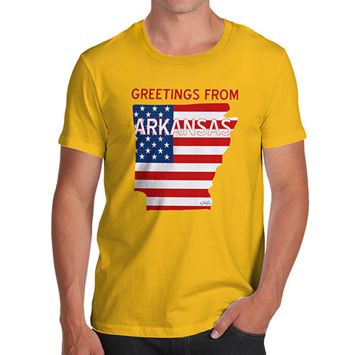 Novelty Tshirts Men Greetings From Arkansas USA Flag Men's T-Shirt Small Yellow