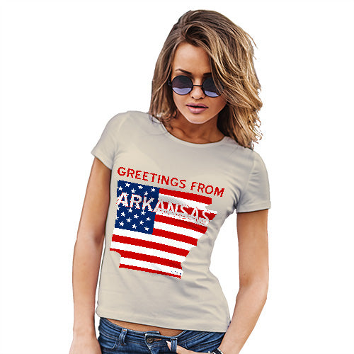 Womens Funny Tshirts Greetings From Arkansas USA Flag Women's T-Shirt Small Natural