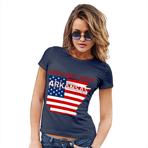 Funny T Shirts For Mom Greetings From Arkansas USA Flag Women's T-Shirt Medium Navy