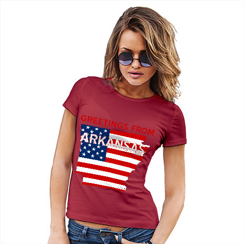 Womens Novelty T Shirt Greetings From Arkansas USA Flag Women's T-Shirt Medium Red