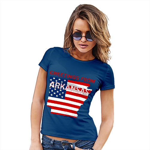 Womens Funny T Shirts Greetings From Arkansas USA Flag Women's T-Shirt X-Large Royal Blue
