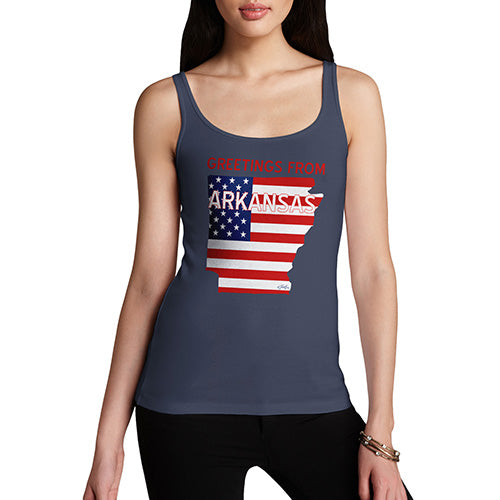 Funny Tank Top For Women Sarcasm Greetings From Arkansas USA Flag Women's Tank Top X-Large Navy