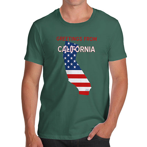 Funny Mens T Shirts Greetings From California USA Flag Men's T-Shirt Medium Bottle Green