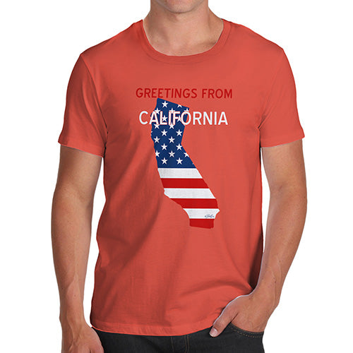 Novelty T Shirts For Dad Greetings From California USA Flag Men's T-Shirt Medium Orange