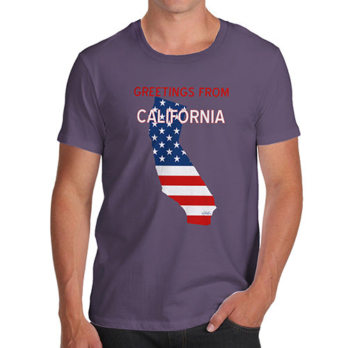 Funny Tee Shirts For Men Greetings From California USA Flag Men's T-Shirt Small Plum