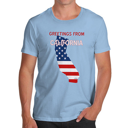 Novelty Tshirts Men Greetings From California USA Flag Men's T-Shirt Small Sky Blue