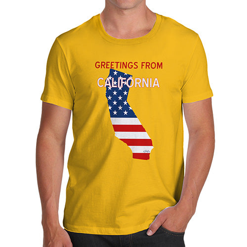 Mens T-Shirt Funny Geek Nerd Hilarious Joke Greetings From California USA Flag Men's T-Shirt Small Yellow