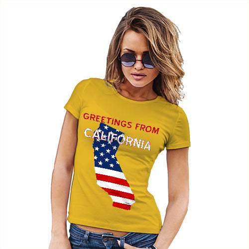 Womens Novelty T Shirt Greetings From California USA Flag Women's T-Shirt Large Yellow