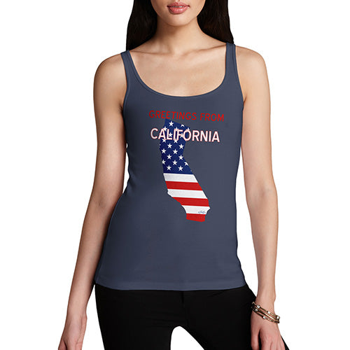 Funny Tank Tops For Women Greetings From California USA Flag Women's Tank Top Large Navy