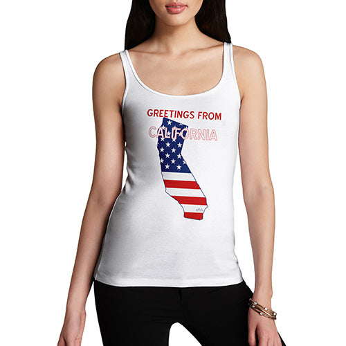 Novelty Tank Top Women Greetings From California USA Flag Women's Tank Top Large White